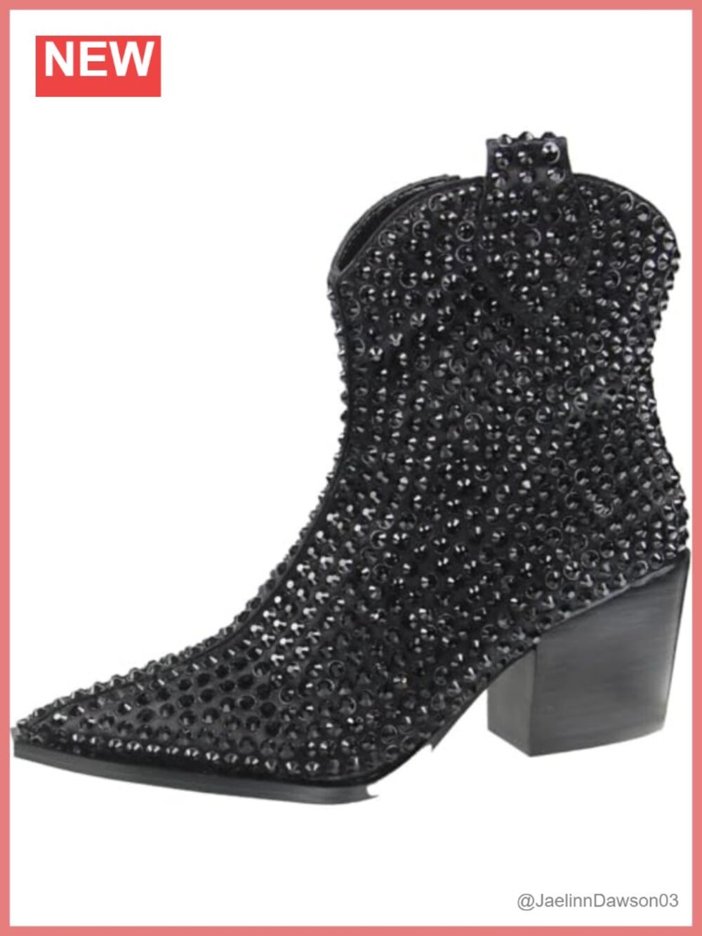 Rhinestone Cowboy Ankle Boots Slip-on Pointed Toe Block Heel Womens